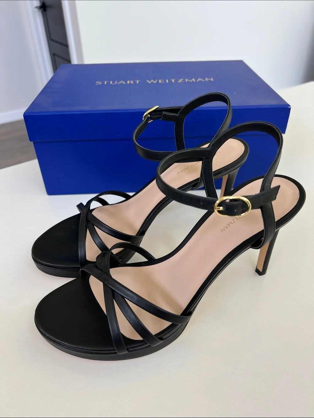 Stuart Weitzman starla 80 platform open toe sandals black leather heels 10